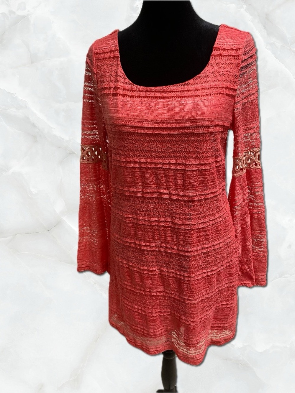 Pink Owl Coral Crochet Lace Long Bell Sleeves Tunic Dress